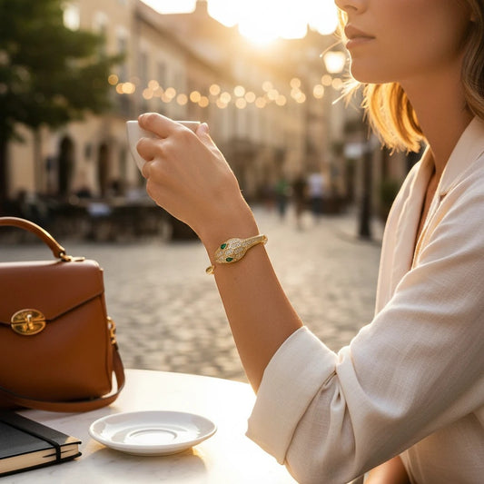 Anzora Jewel gold-tone viper cuff bracelet with pavé crystals and emerald green eyes worn by a woman at a cafe.