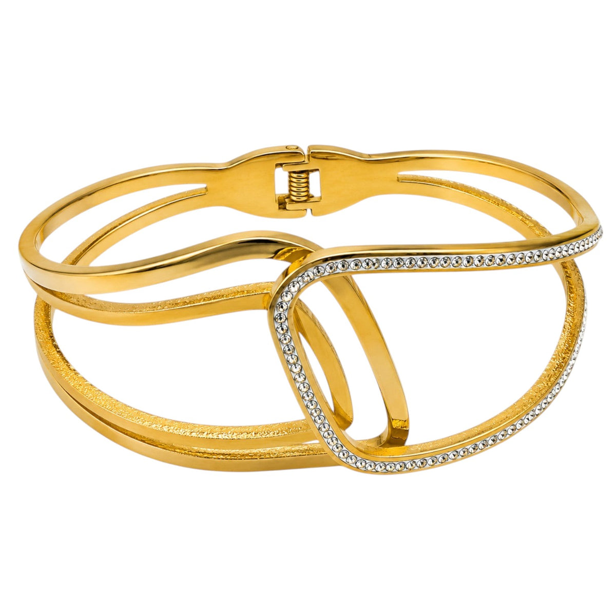 Anzora Jewel gold-tone wave-inspired cuff bracelet featuring overlapping bands and a row of sparkling stones.