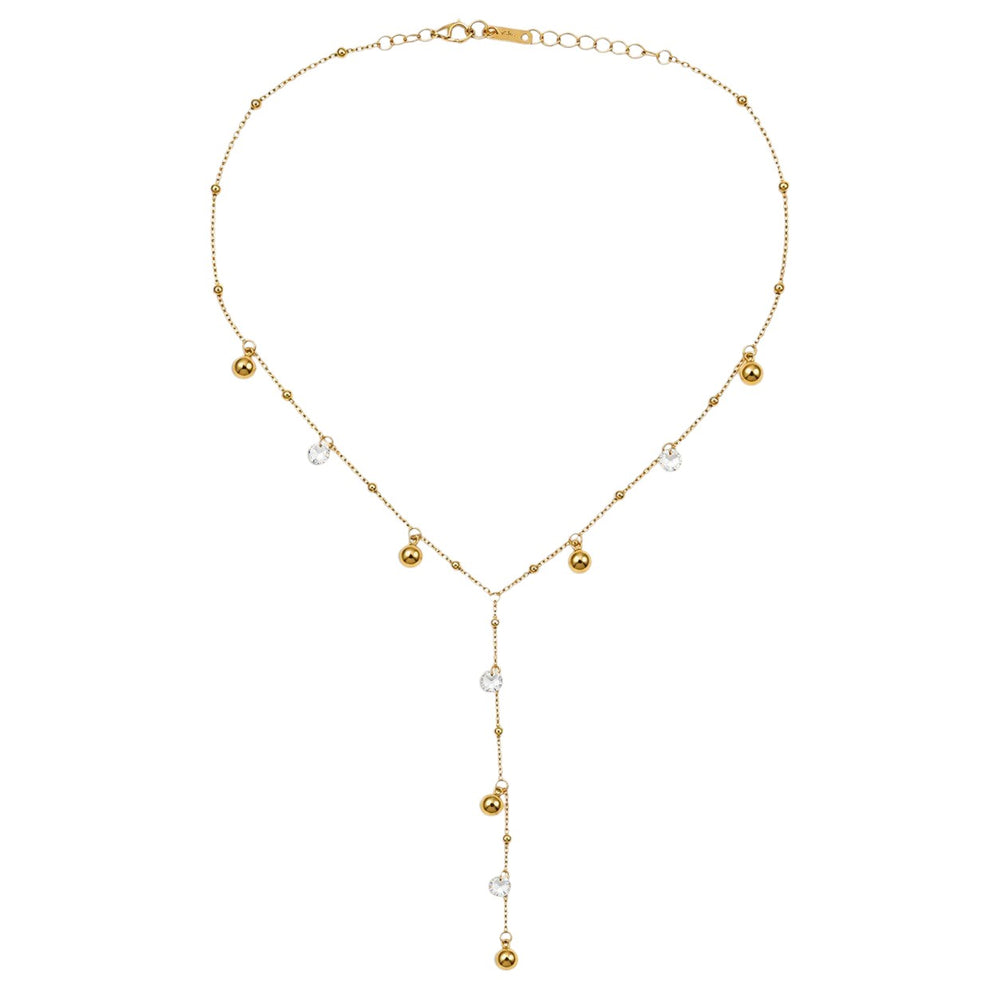 Anzora Jewel Celestial Drop Y necklace featuring a gold chain with polished spheres and clear sparkling stones.
