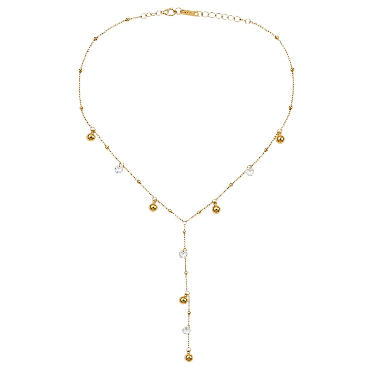 Anzora Jewel Celestial Drop Y necklace featuring a gold chain with polished spheres and clear sparkling stones.
