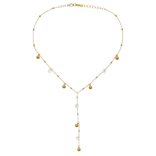 Anzora Jewel Celestial Drop Y necklace featuring a gold chain with polished spheres and clear sparkling stones.