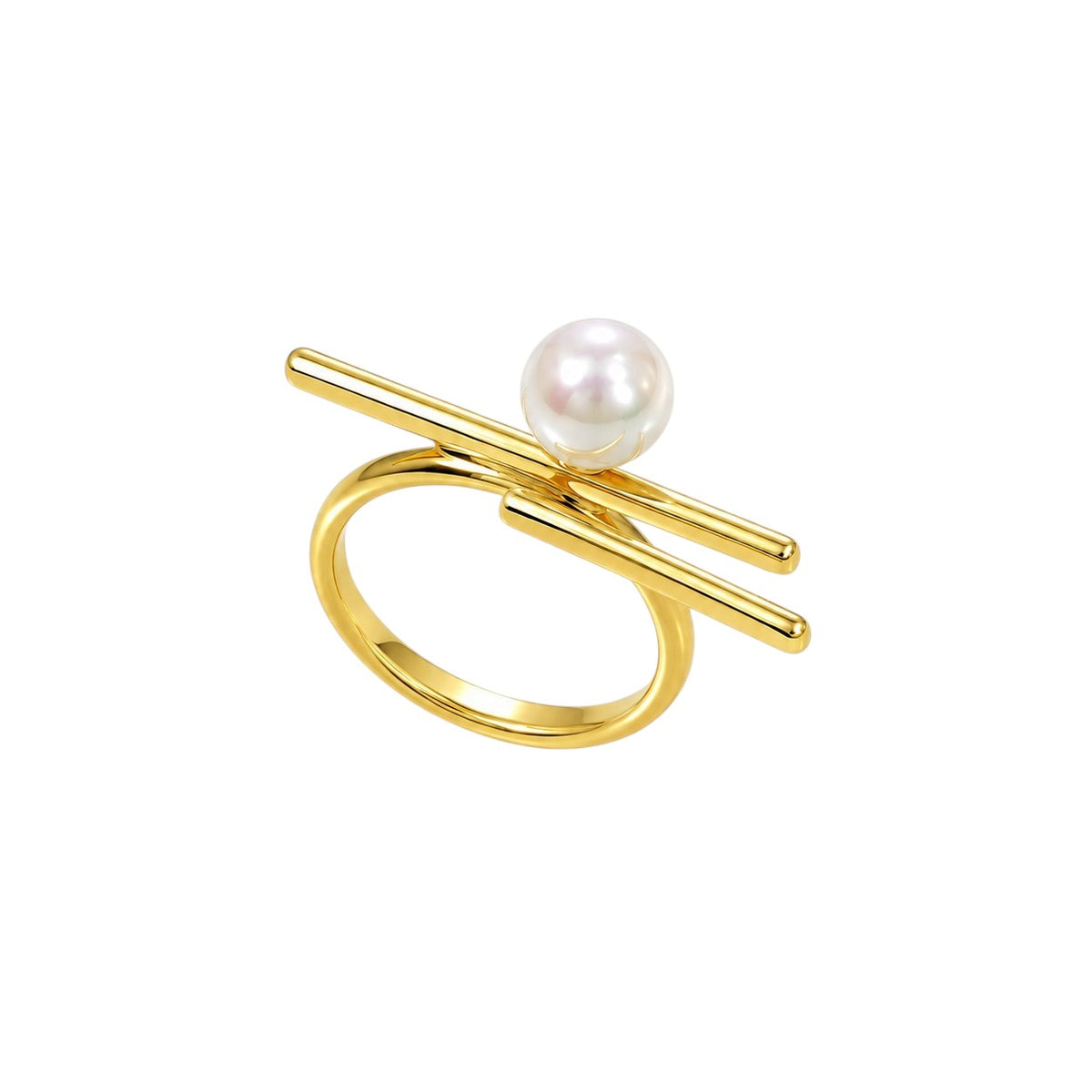 Anzora Jewel Horizon Pearl Ring featuring a lustrous round pearl set on a sculptural polished gold geometric band.