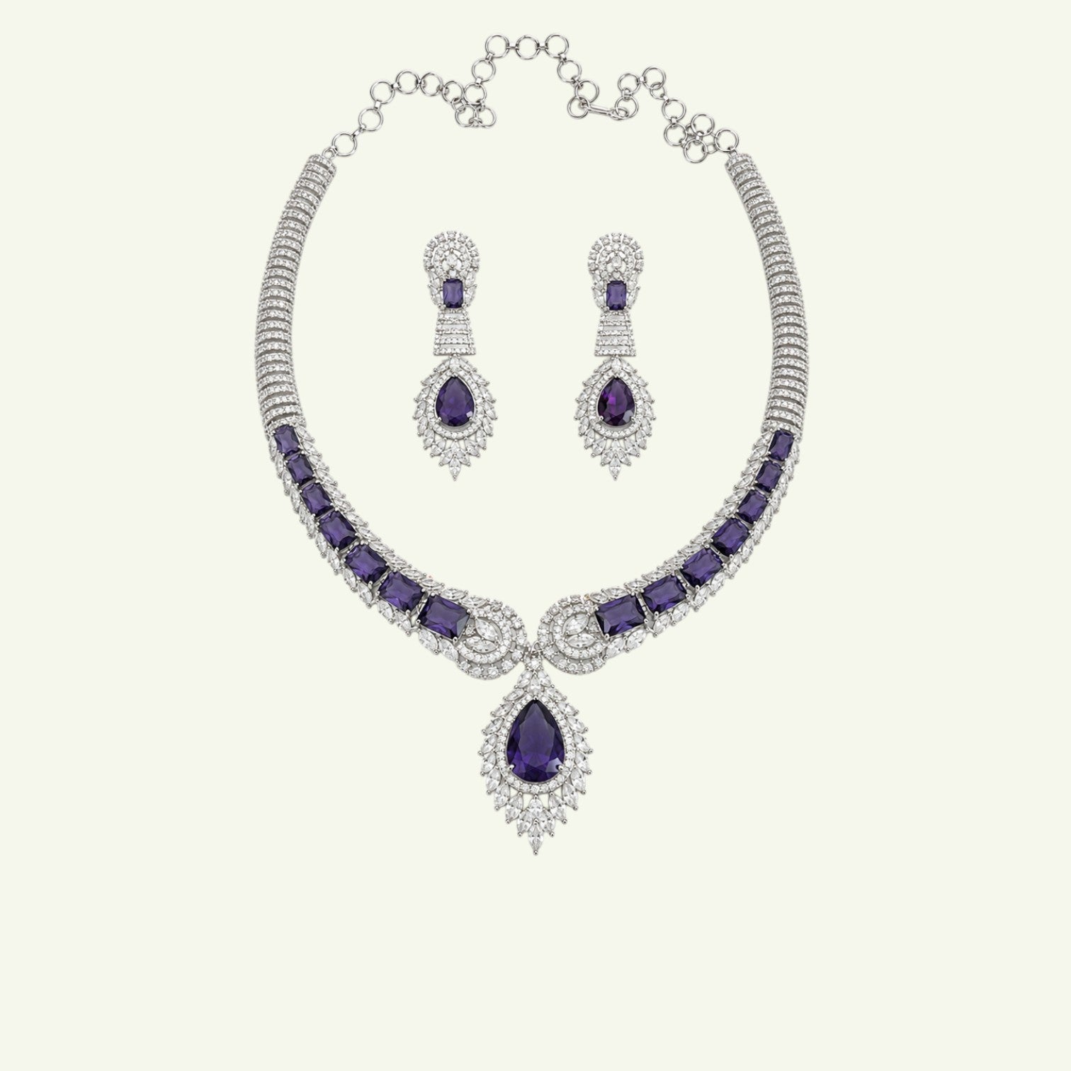 Anzora Jewel Larissa necklace set with purple stones and American Diamond detailing, featuring a teardrop pendant.