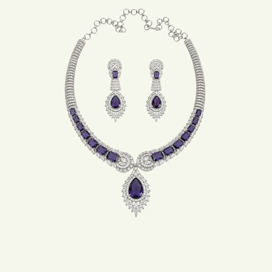 Anzora Jewel Larissa necklace set with purple stones and American Diamond detailing, featuring a teardrop pendant.