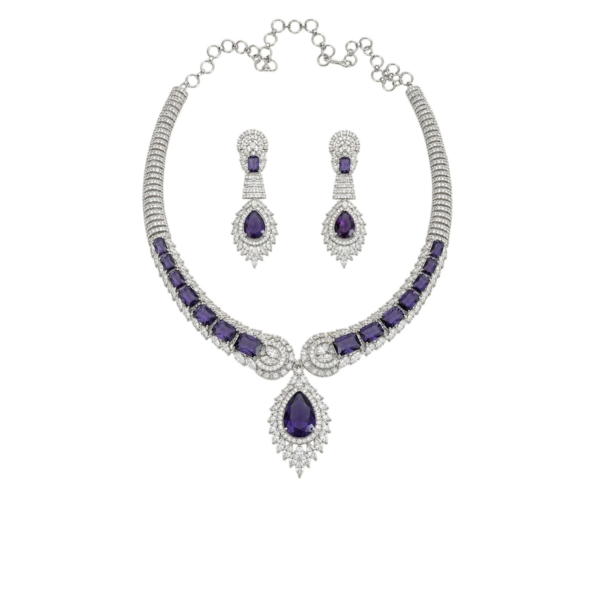 Anzora Jewel Larissa necklace set featuring American diamonds and purple teardrop stones with matching drop earrings.