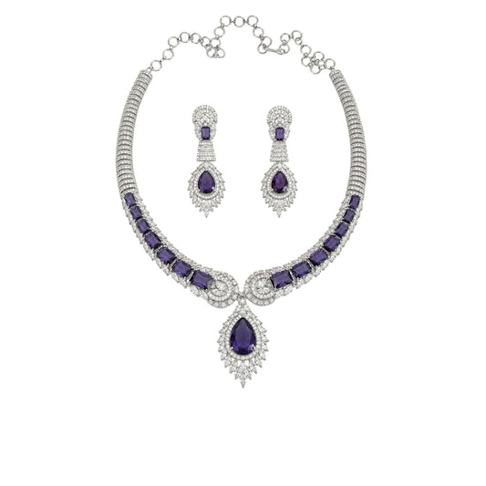 Anzora Jewel Larissa necklace set featuring American diamonds and purple teardrop stones with matching drop earrings.