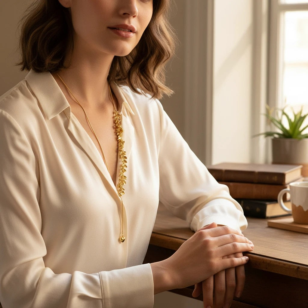 Anzora Jewel Leaflet adjustable gold-toned necklace featuring a cascading leaf motif and a small heart-shaped charm.