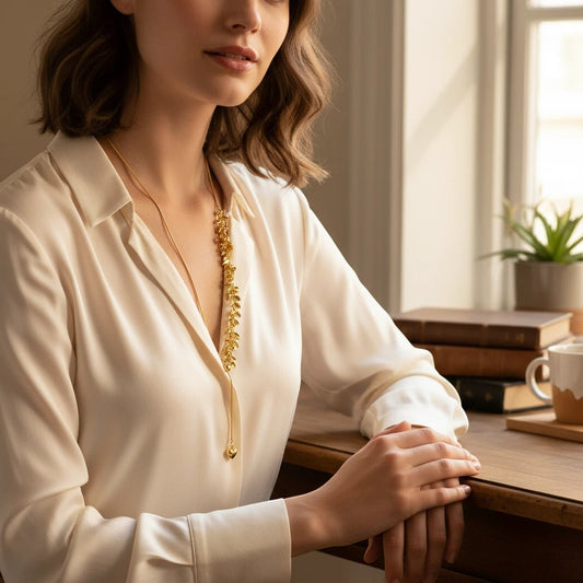 Anzora Jewel Leaflet adjustable gold-toned necklace featuring a cascading leaf motif and a small heart-shaped charm.
