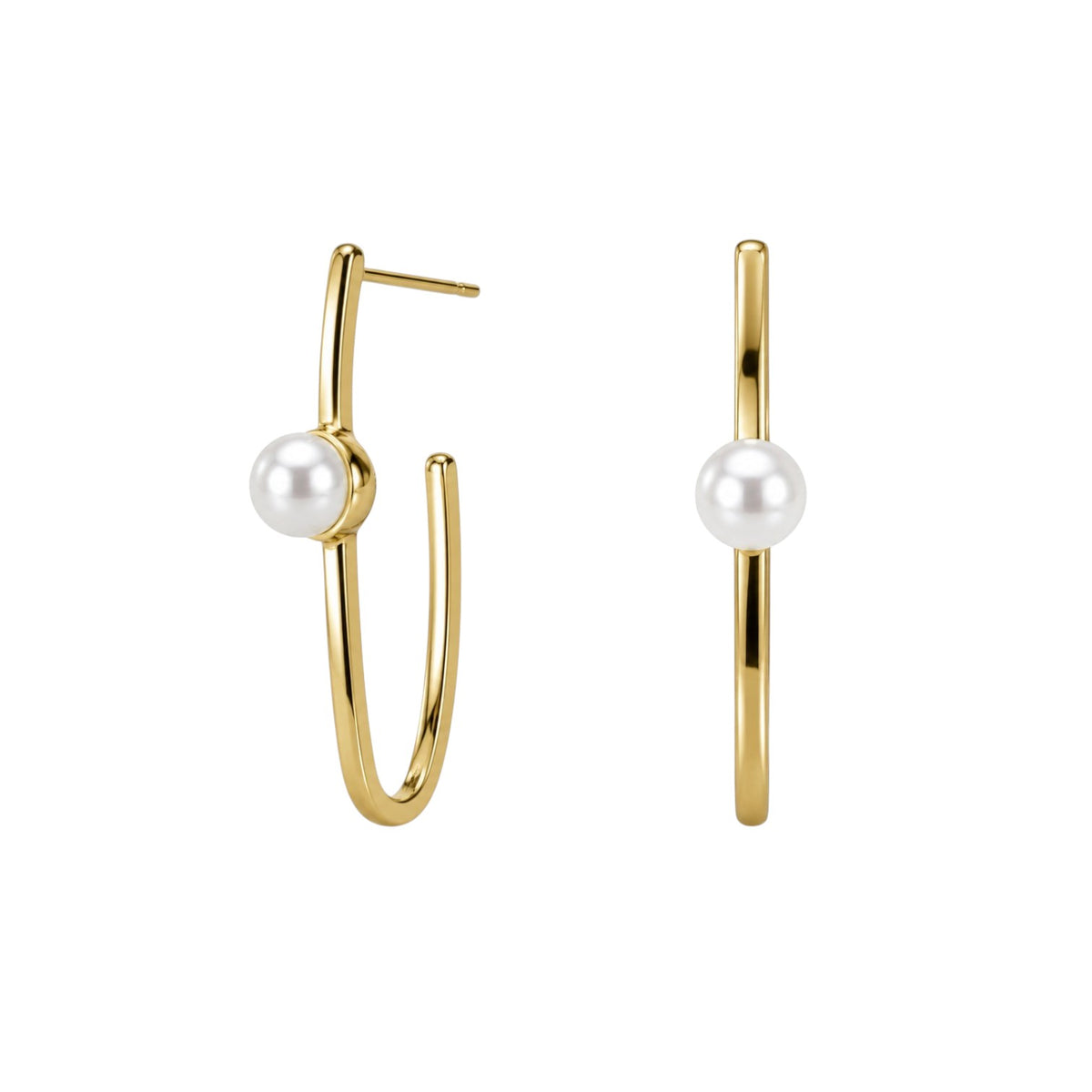 Anzora Jewel Lunara white pearl hoop earrings featuring a sleek gold-tone open wire frame and a single round pearl.