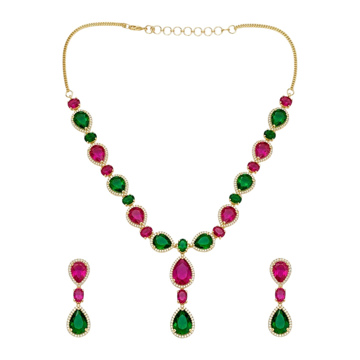 Anzora Jewel Mirach necklace and earring set with ruby-red and emerald-green pear-cut stones in gold-tone frames.