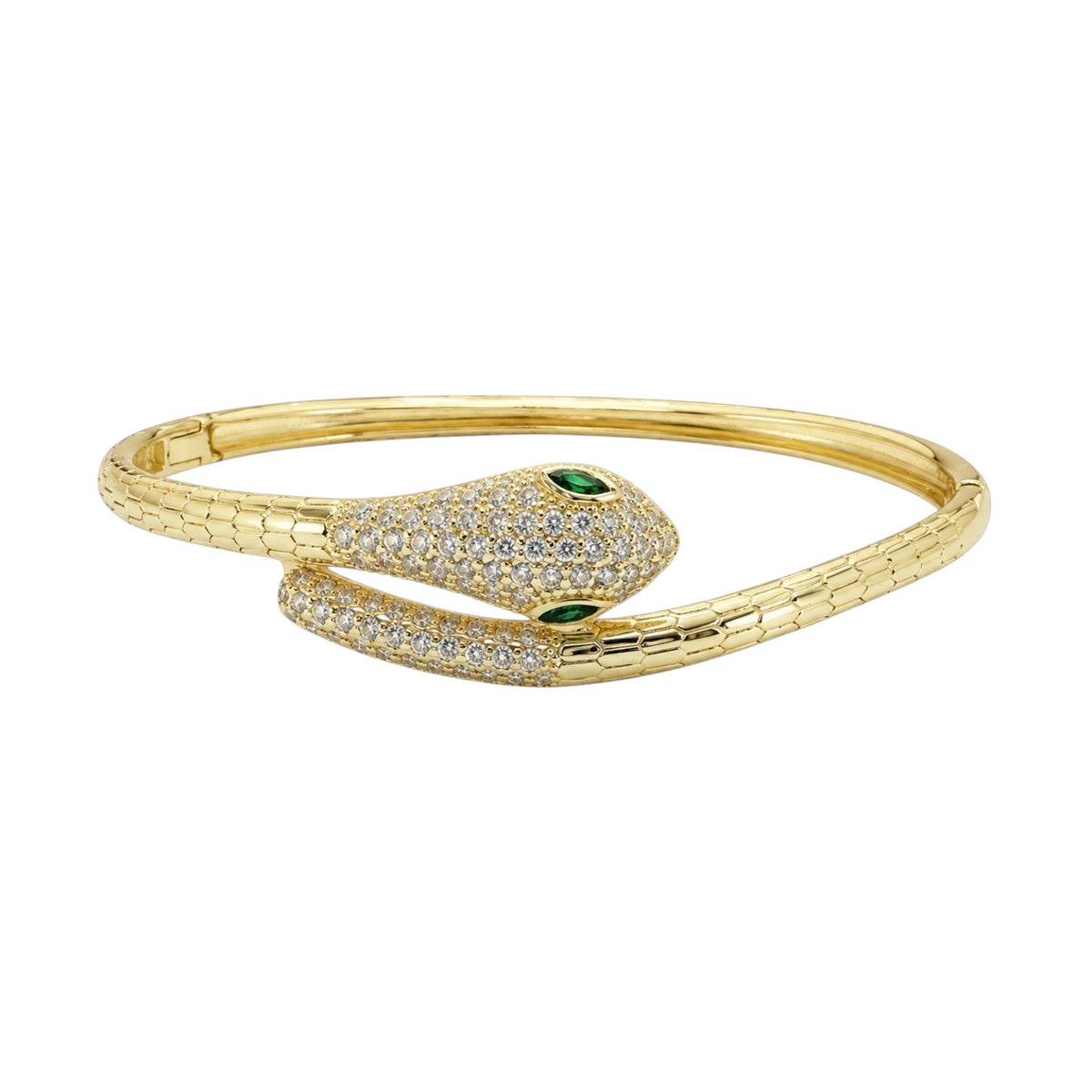 Anzora Jewel gold-tone hinged Naga snake bangle with micro-pavé crystals and marquise-cut emerald-green eyes.