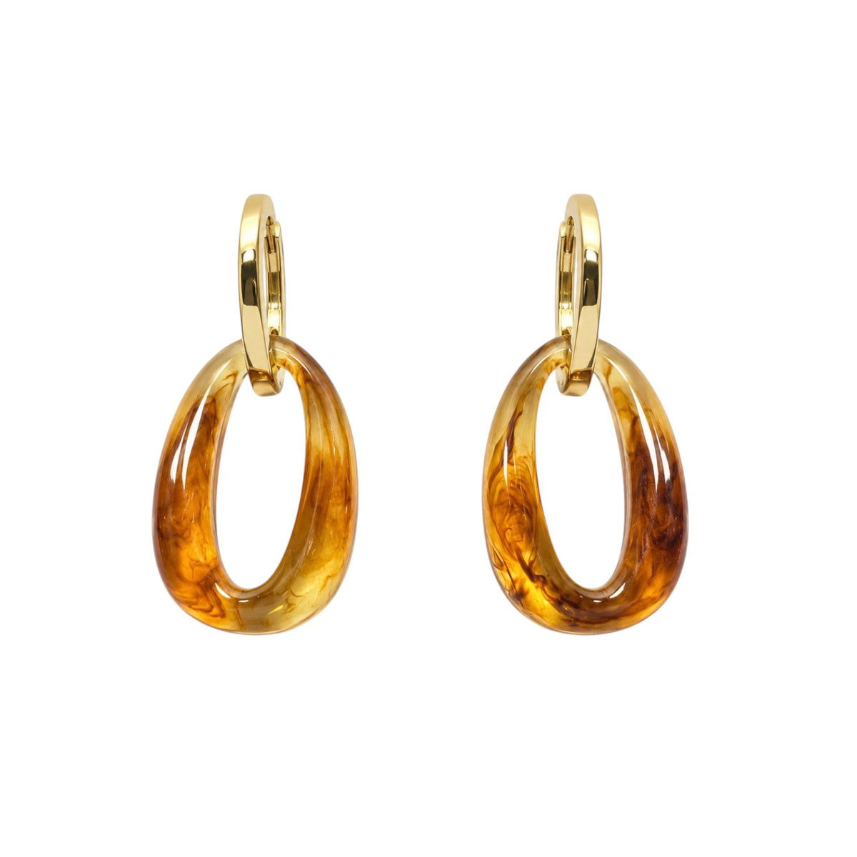 Anzora Jewel Nebula amber marbled oval drop earrings with polished gold-tone huggie hoops for elegant styling.