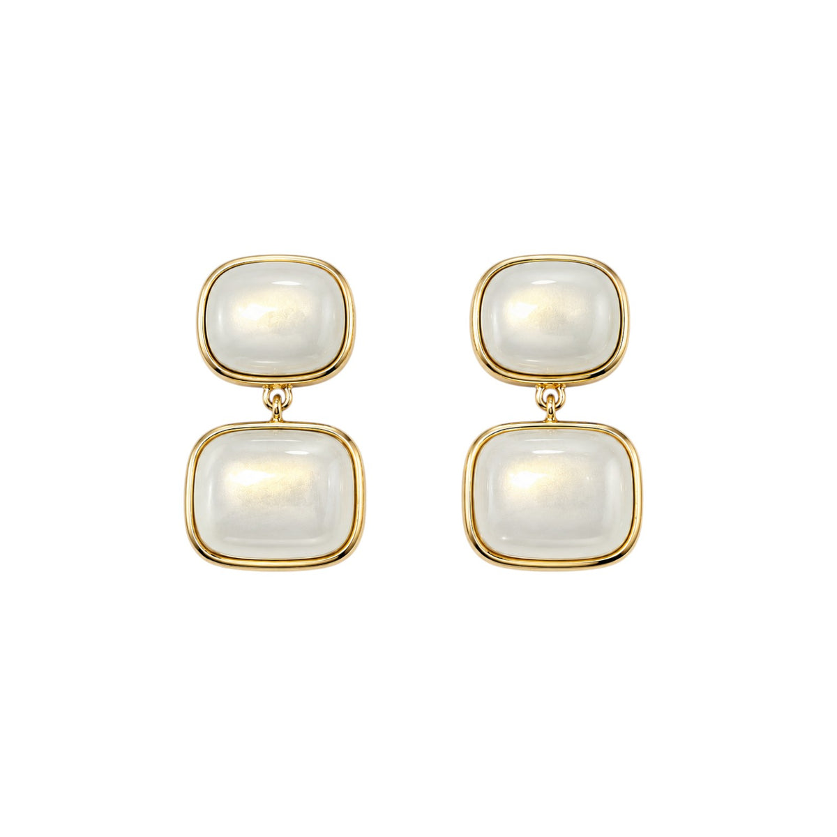 Anzora Jewel Noctis drop earrings featuring stacked cushion-cut milky cabochon stones in gold-tone bezel settings.