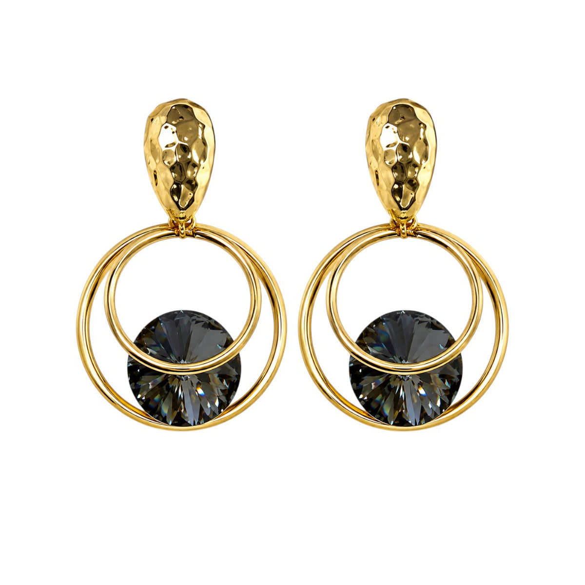 Anzora Jewel Orbit Statement Grey earrings featuring gold-tone textured tops and layered orbital circles with grey stones