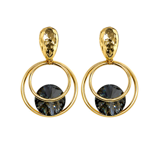 Anzora Jewel Orbit Statement Grey earrings featuring gold-tone textured tops and layered orbital circles with grey stones