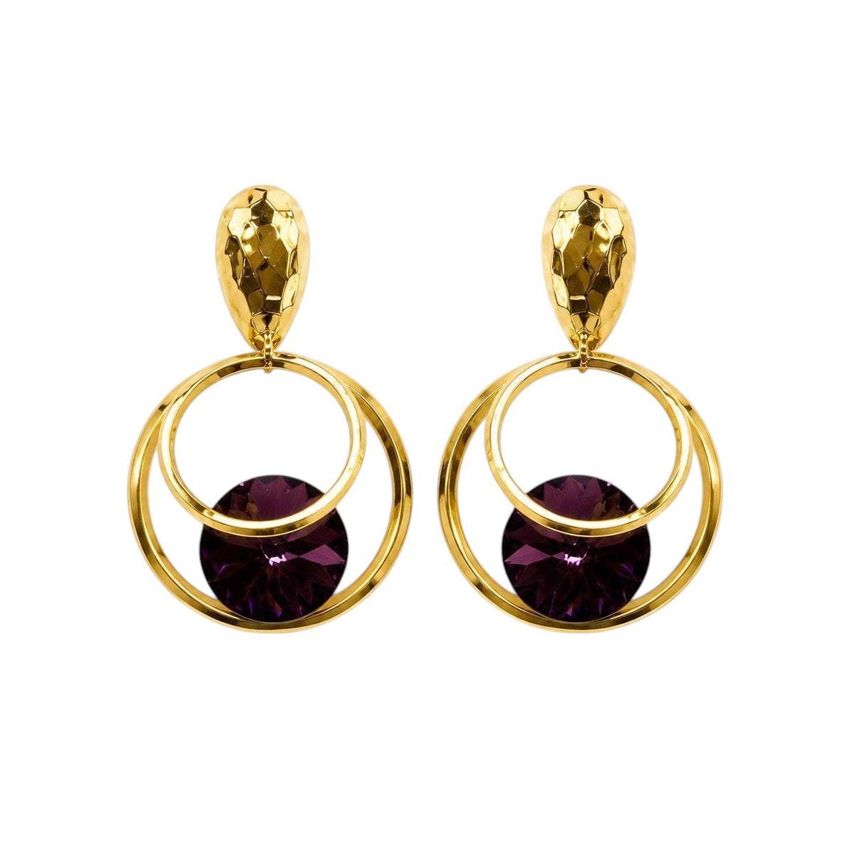 Anzora Jewel Orbit statement earrings featuring hammered gold-tone studs, double hoops, and deep purple crystals.