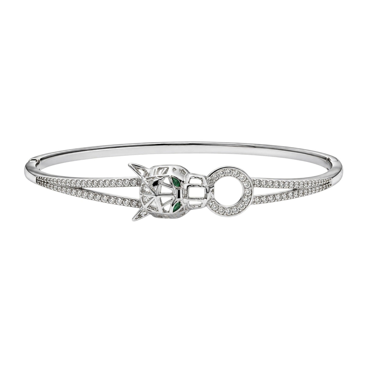 Anzora Jewel Imperial Panthère silver-tone hinged bangle with a panther head motif, emerald eyes, and pave crystals.