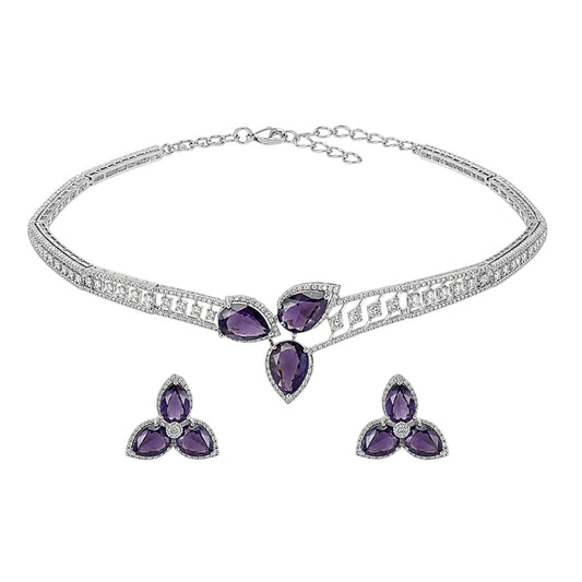 Anzora Jewel Bellatrix choker necklace and stud earring set featuring deep purple pear-cut stones in silver settings.