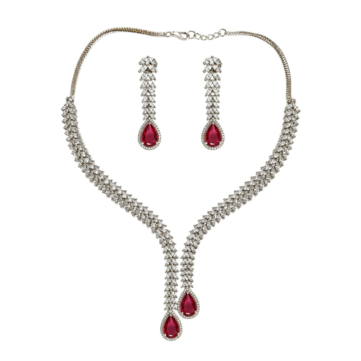 Anzora Jewel Alcyone necklace and drop earring set featuring brilliant crystals and ruby-red pear-cut stones.