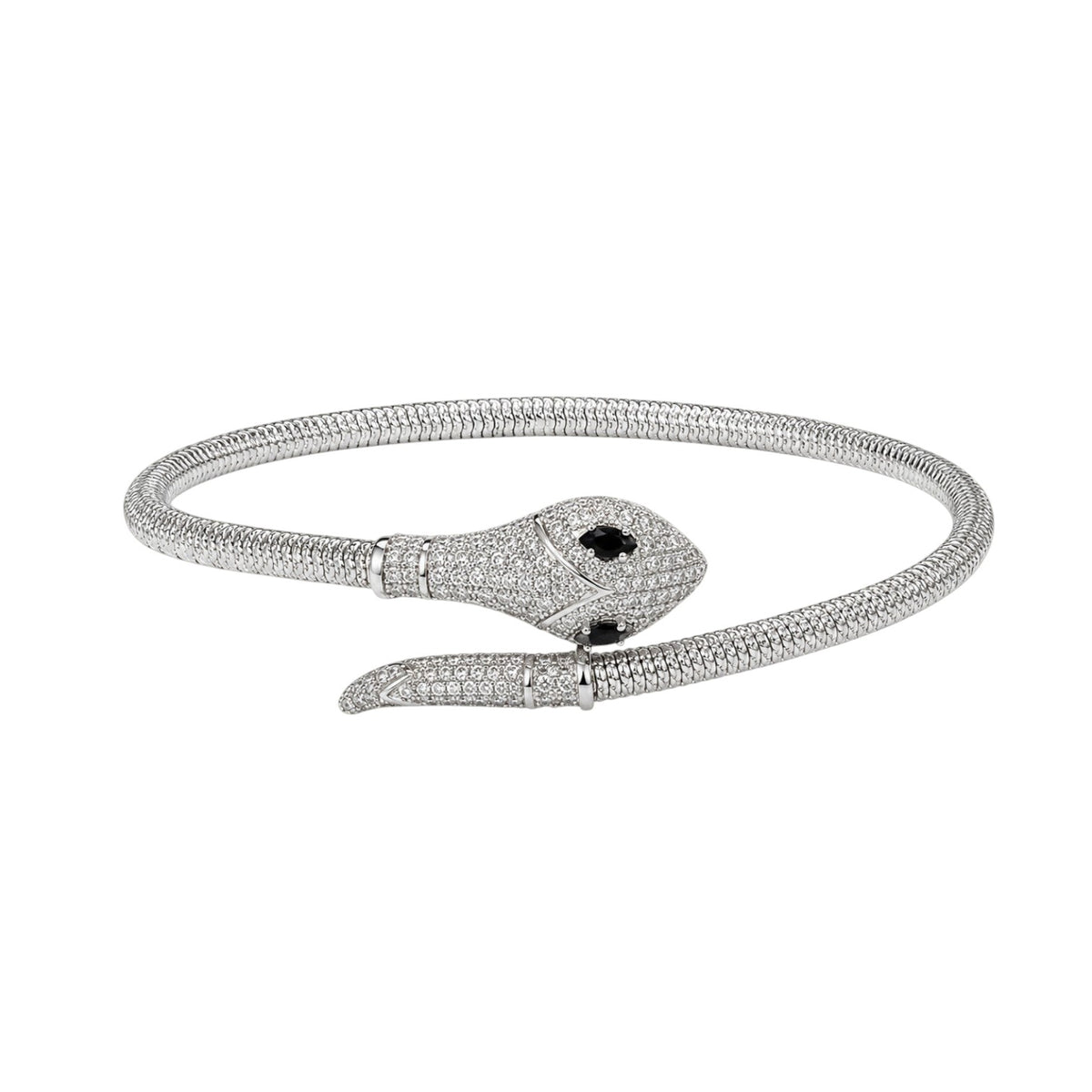 Anzora Jewel Venom wrap bracelet featuring a silver-tone snake band with pavé crystals and onyx-black crystal eyes.