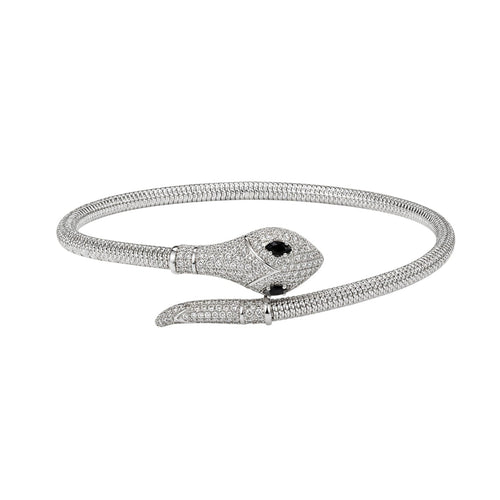 Anzora Jewel Venom wrap bracelet featuring a silver-tone snake band with pavé crystals and onyx-black crystal eyes.