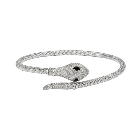 Anzora Jewel Venom wrap bracelet featuring a silver-tone snake band with pavé crystals and onyx-black crystal eyes.