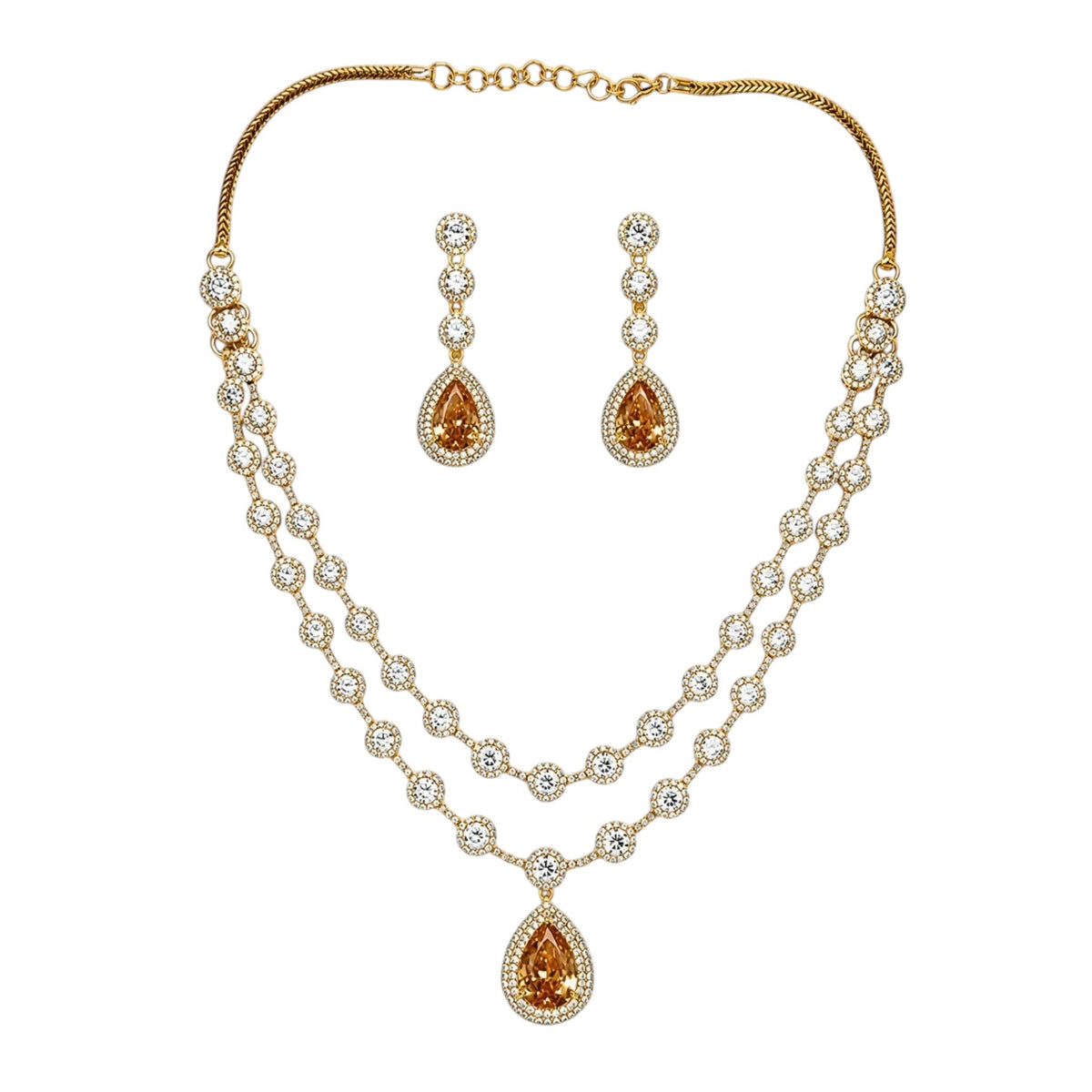 Anzora Jewel Solis Gold necklace set with layered American Diamond chains and golden teardrop stone pendants.