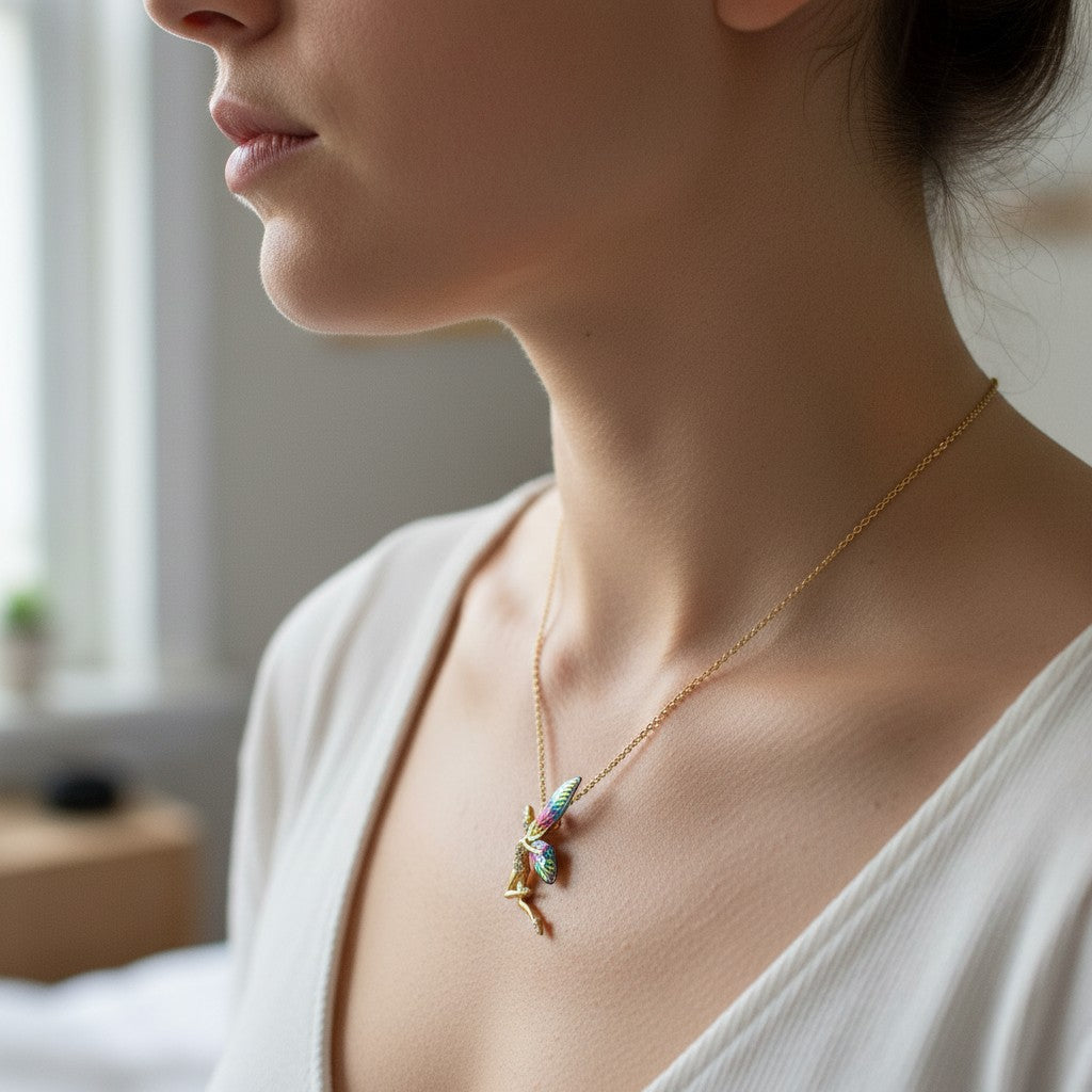 Anzora Jewel Sylphina necklace featuring a gold fairy pendant with colorful enamel wings and pavé crystals on a chain