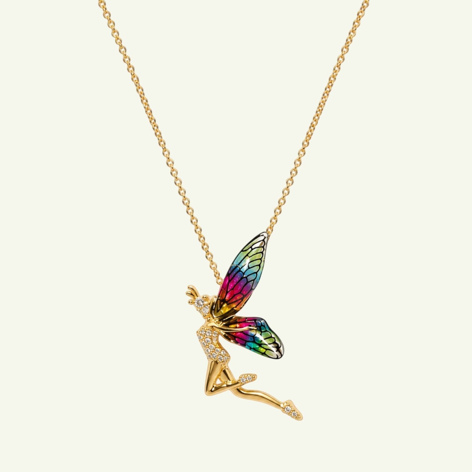 Anzora Jewel Sylphina necklace featuring a gold fairy pendant with pavé crystals and colorful stained glass wings.