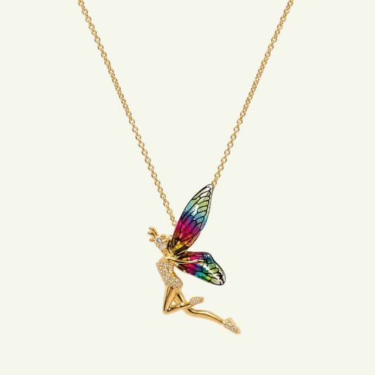 Anzora Jewel Sylphina necklace featuring a gold fairy pendant with pavé crystals and colorful stained glass wings.