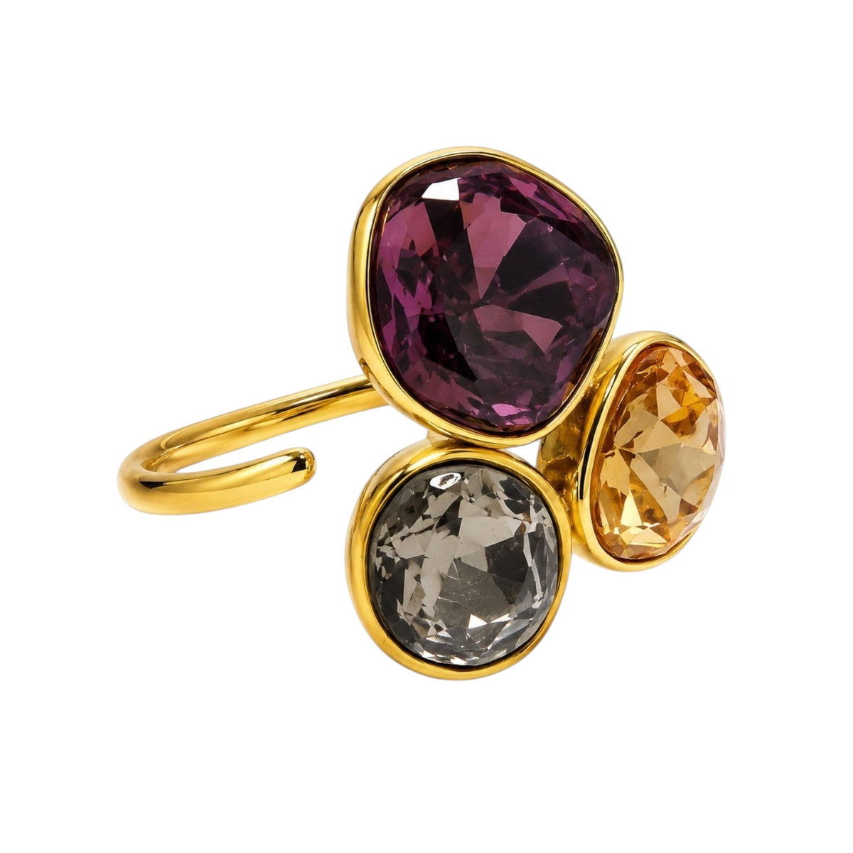 Anzora Jewel Trilogy cluster ring featuring faceted plum, smoky grey, and amber stones in a polished gold-tone setting.
