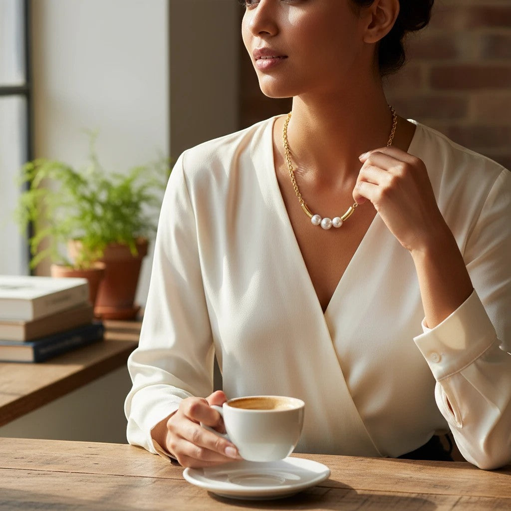 Anzora Jewel Trinity Pearl necklace featuring three white pearls and gold tubes on a rolo chain worn by a woman.