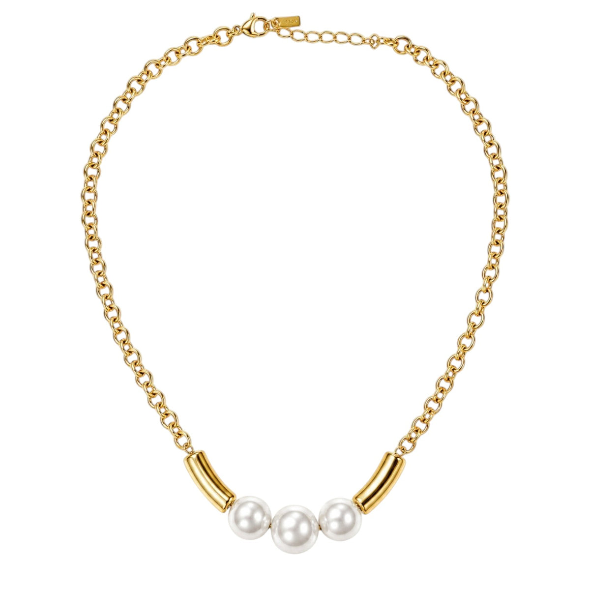 Anzora Jewel Trinity Pearl necklace featuring three white pearls between gold metallic tubes on a rolo link chain.