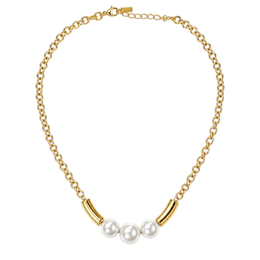Anzora Jewel Trinity Pearl necklace featuring three white pearls between gold metallic tubes on a rolo link chain.